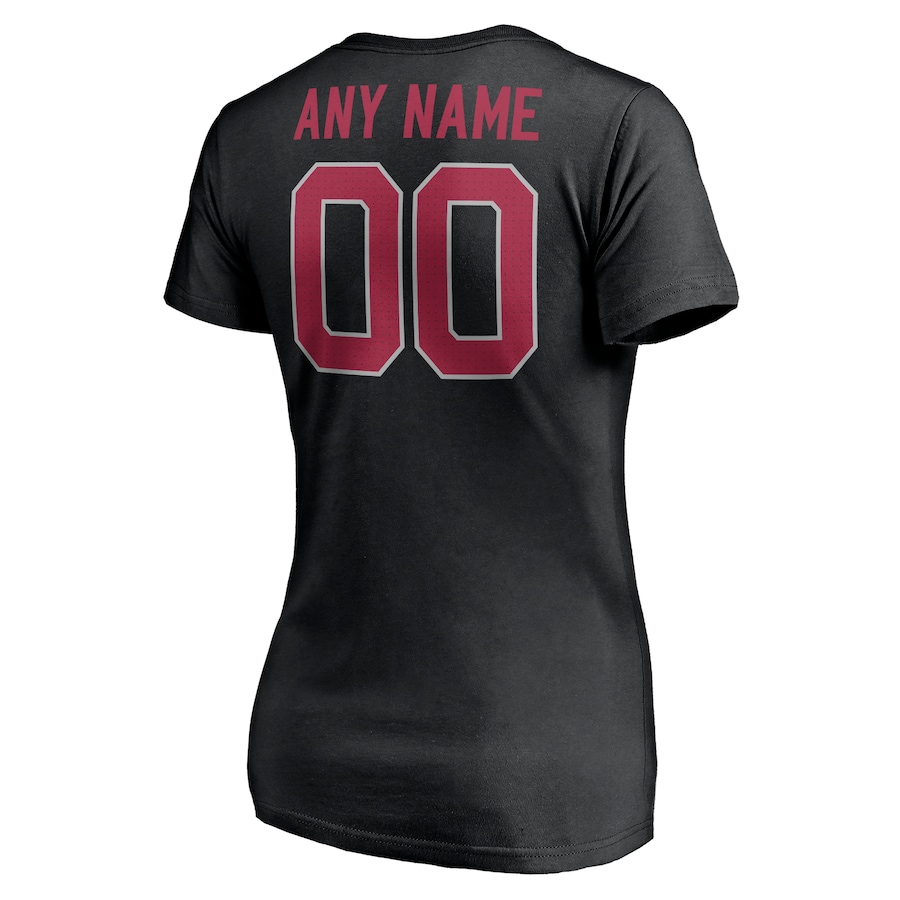 Red Letters Women's Black T-shirt  Personalized Name & Number Team Wordmark V-Neck T-Shirt