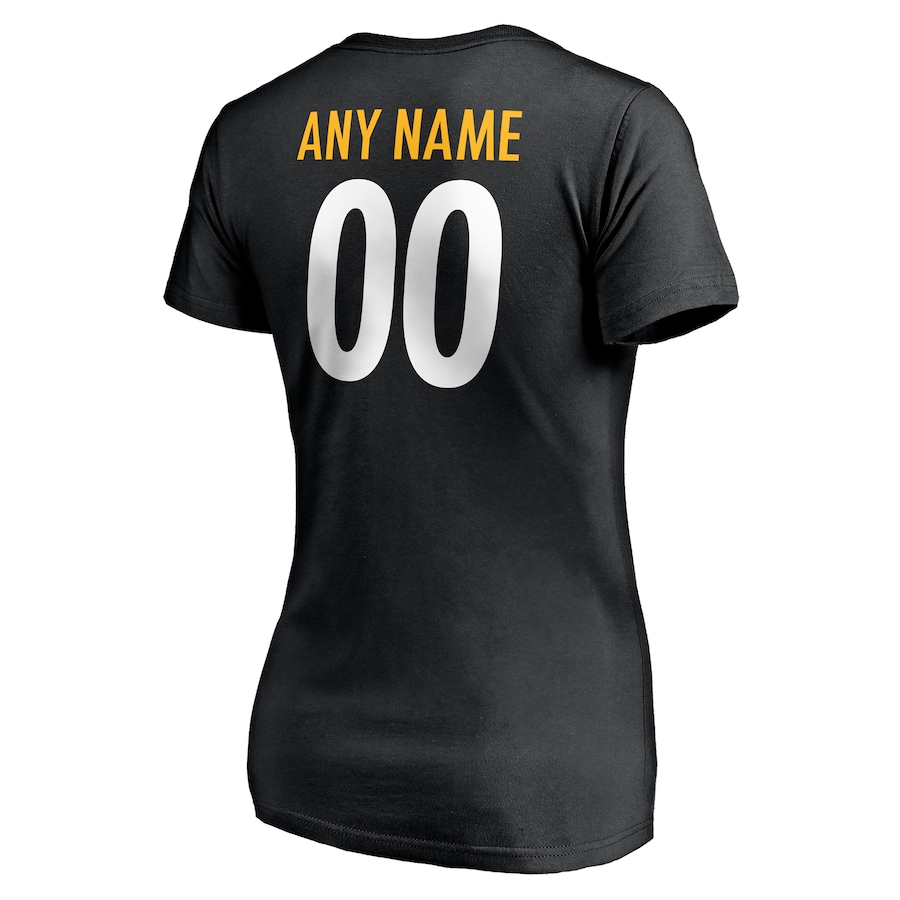 Yellow & White Letters Women's Black T-shirt  Personalized Name & Number Team Wordmark V-Neck T-Shirt