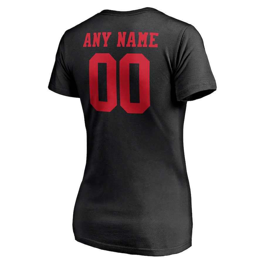 Red Letters Women's Black T-shirt  Personalized Name & Number Team Wordmark V-Neck T-Shirt